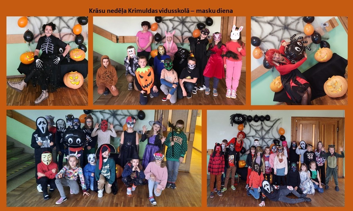 Pedagogi un skolēni helovīnu maskās