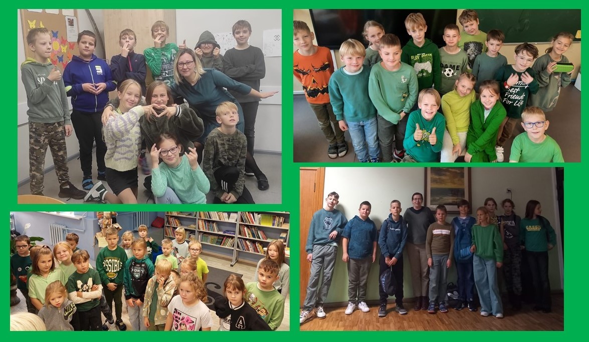 Pedagogi un skolēni zaļas krāsas drēbēs