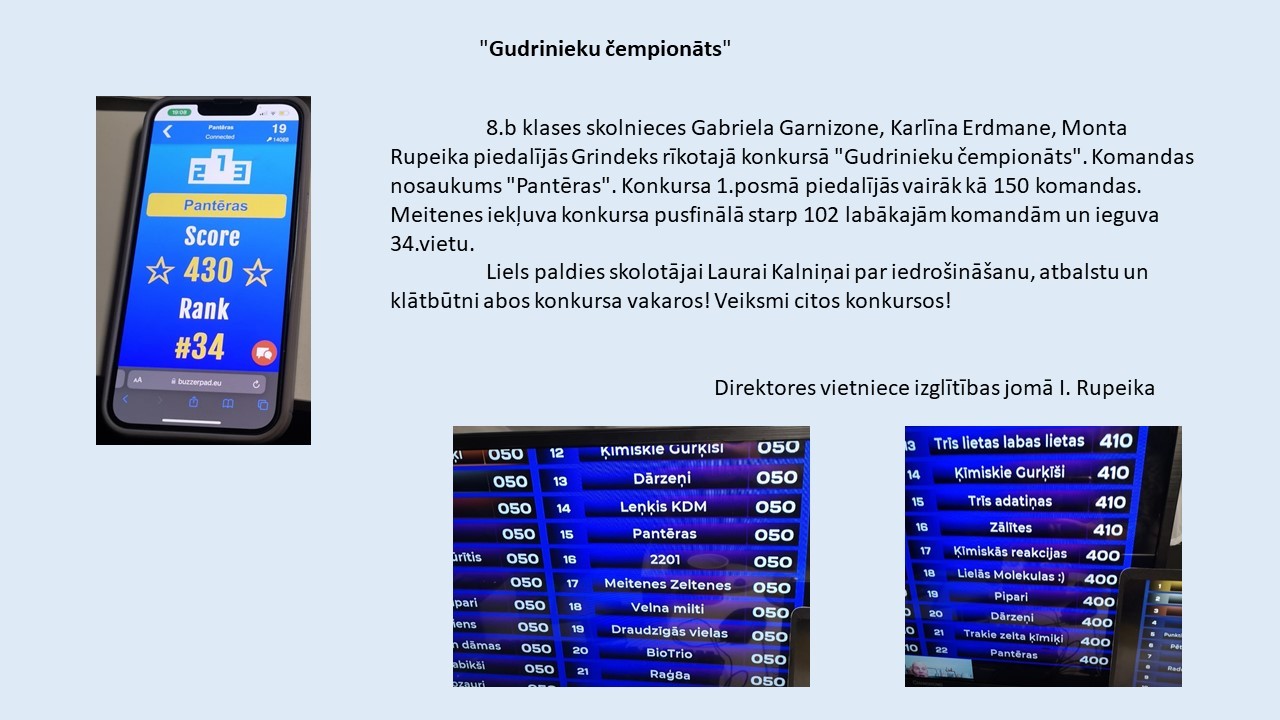 Konkursā Gudrinieku čempionāts 8.b kl. pārstāves iekļuva pusfinālā 
