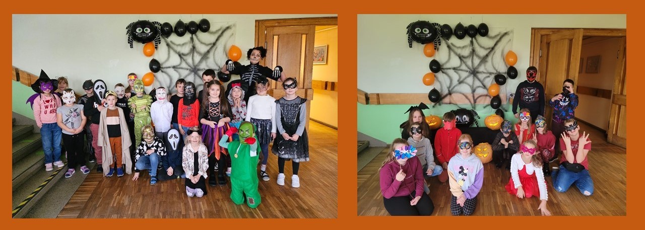 Pedagogi un skolēni helovīnu maskās