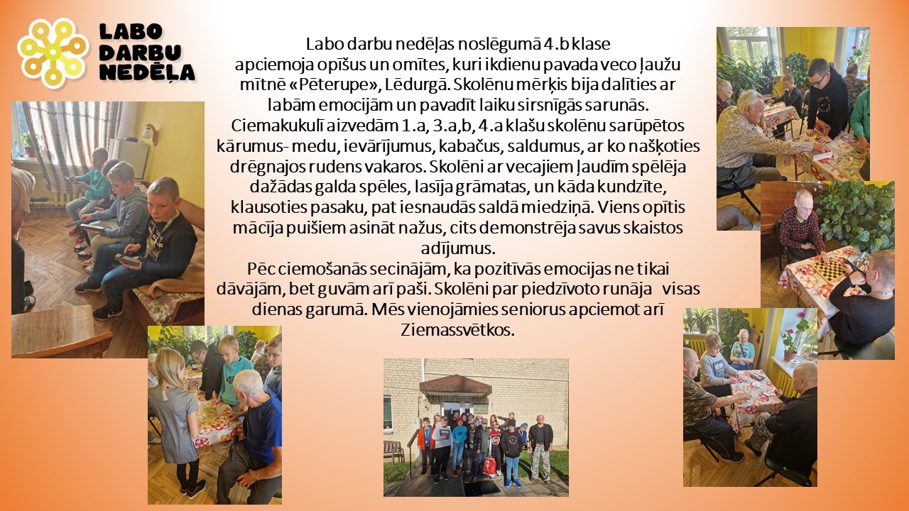 4.b klases skolnieki spēlē spēles ar senjoriem, kuri dzīvo veco laužu mītnē 
