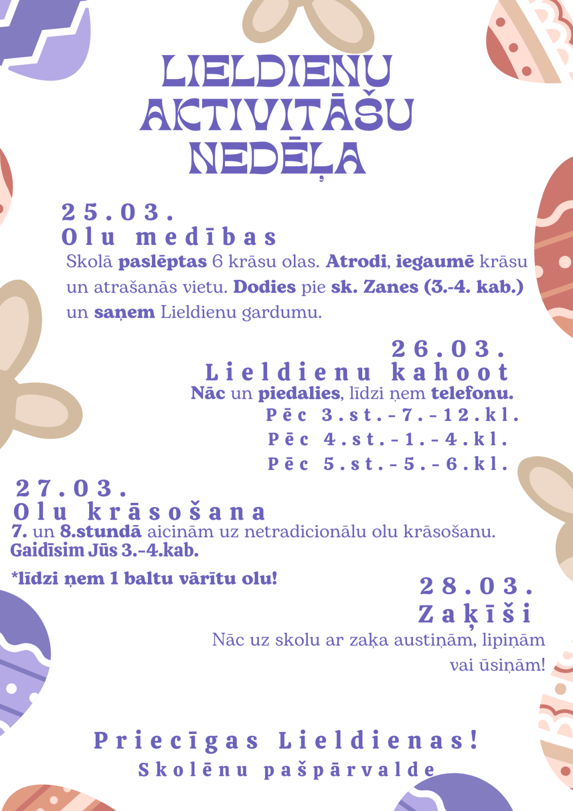 Lieldienu aktivitāšu saraksts