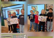 Skolēni ar kolāžu